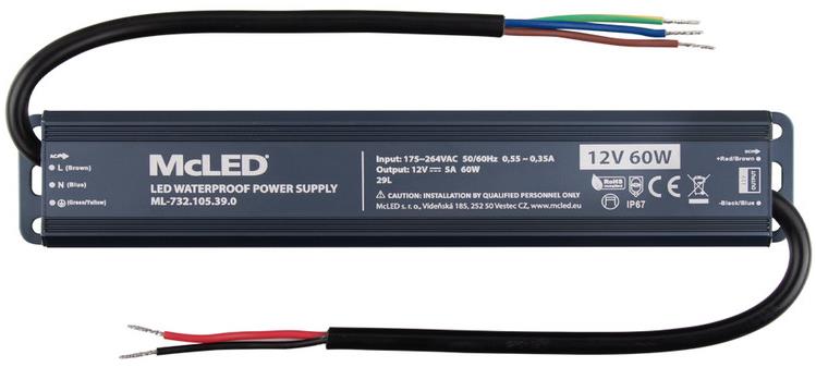 McLED Napájací zdroj longevity 60 W, DC12 V/5 A, IP67, hliníkový