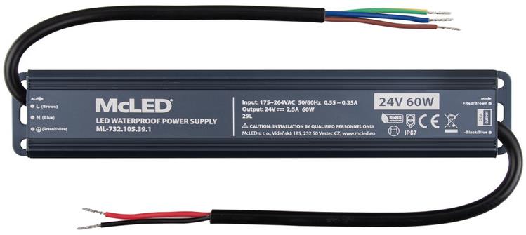 McLED Napájací zdroj longevity 60 W, DC24 V/2.5 A, IP67, hliníkový