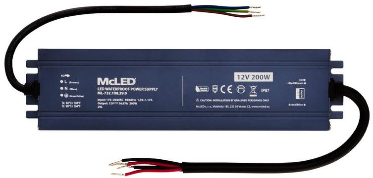 McLED Napájací zdroj longevity 200 W, DC12 V/16.7 A, IP67, hliníkový