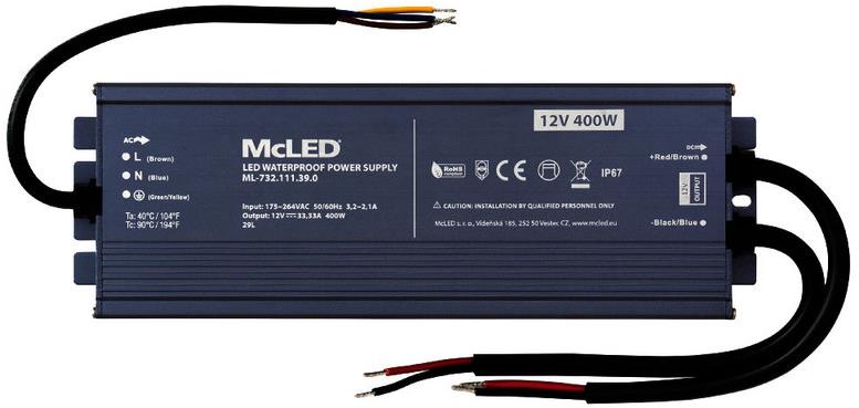 McLED Napájací zdroj longevity 400 W, DC12V/33.33A, IP67, hliníkový