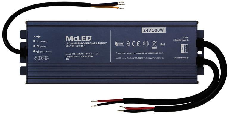 McLED Napájací zdroj longevity 500 W, DC24V/20.83A, IP67, hliníkový
