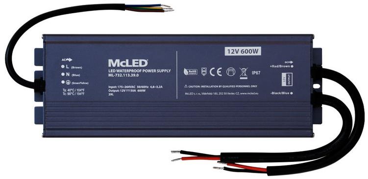 McLED Napájací zdroj longevity 600 W, DC12V/50A, IP67, hliníkový