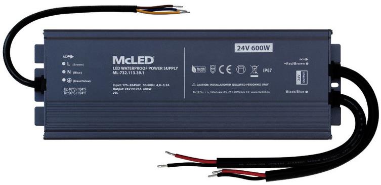 McLED Napájací zdroj longevity 600 W, DC24V/25A, IP67, hliníkový