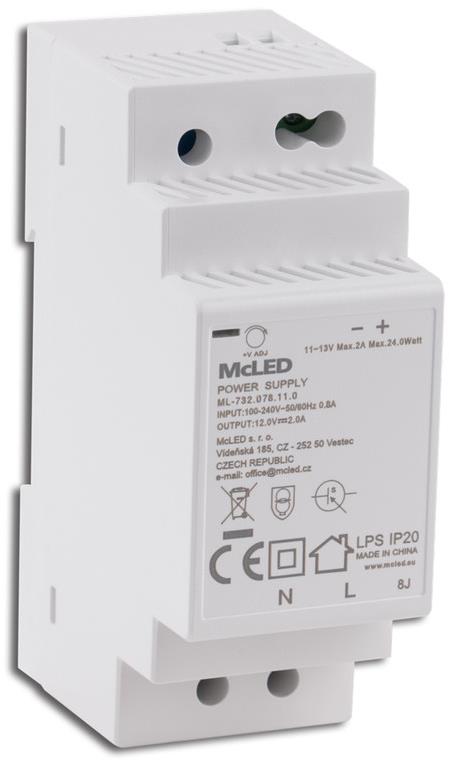 McLED Napájací zdroj 24 W, DC12V/2A, IP20, na DIN lištu
