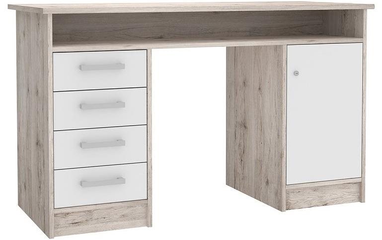 Nejlevnější nábytek – Písací stôl TEINN so štyrmi zásuvkami a dvierkami, dub pieskový/biely