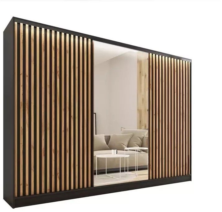 Nejlevnější nábytek Insular 3D 280 se zrcadlem, 4 šuplíky a 2 šatními tyčemi, černý mat/dub wotan