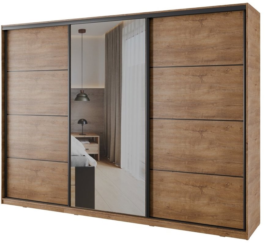 Nejlevnější nábytek Nejby Barnaba 280 cm s posuvnými dveřmi, zrcadlem, 4 šuplíky a 2 šatními tyčemi,