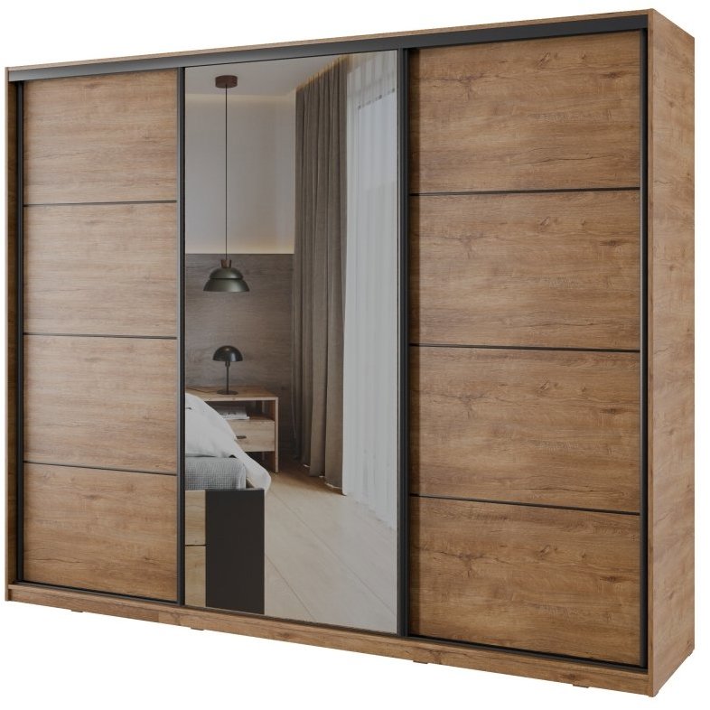Nejlevnější nábytek Nejby Barnaba 250 cm s posuvnými dveřmi, zrcadlem, 4 šuplíky a 2 šatními tyčemi,