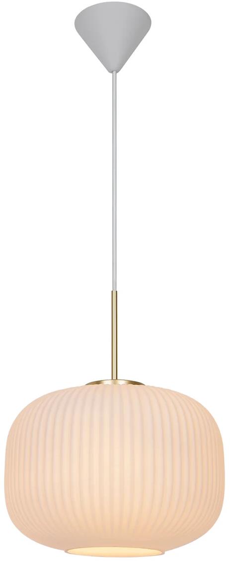 Nordlux Milford dizajnový luster, 300 × 380 mm, 40 W, opálovo biely s mosadzou
