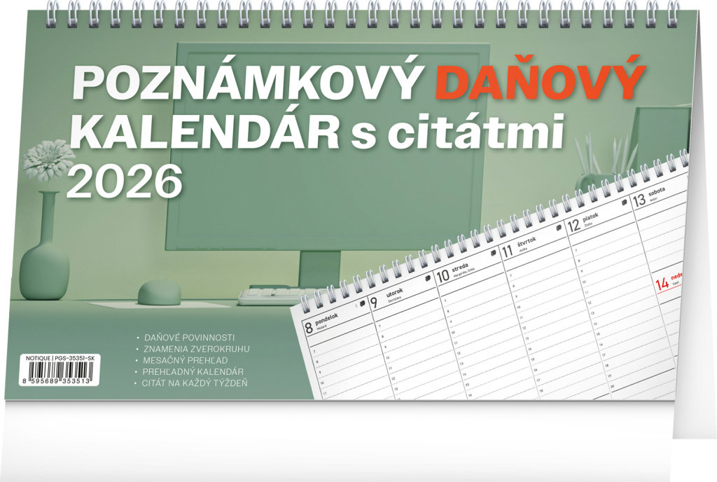 NOTIQUE Poznámkový daňový s citátmi 2026, 25 × 14,5 cm