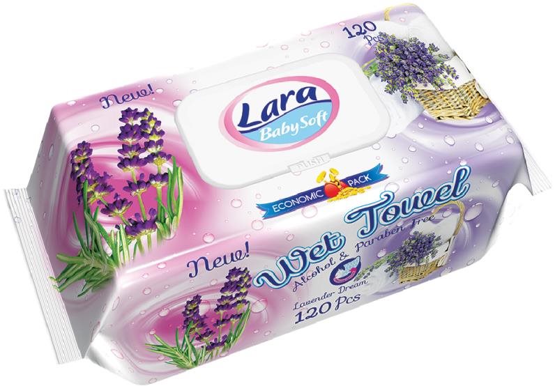 Lara vlhčené obrúsky 120 ks, klips Levanduľa