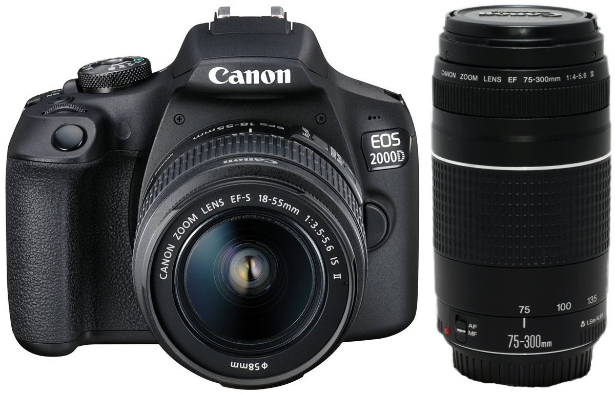 Canon EOS 2000D + 18–55 mm IS II + 75–300 mm DC III