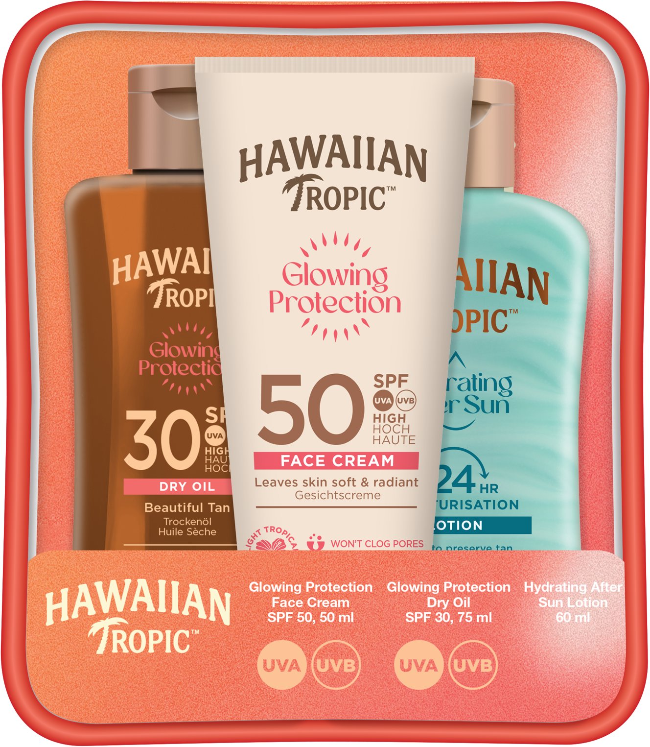 HAWAIIAN TROPIC Trio Face Cream SPF50 + Dry oil SPF 30 + After Sun Lotion cestovná súprava