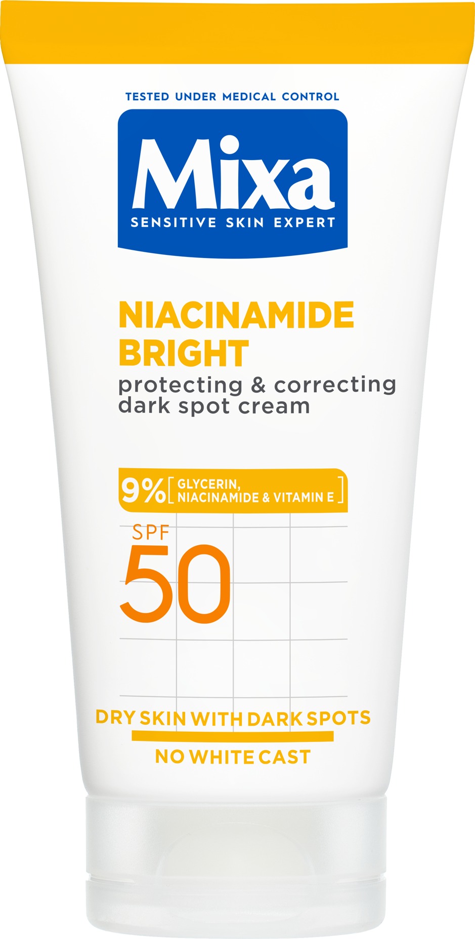 MIXA Niacinamide Bright ochranný a korekčný krém proti tmavým škvrnám s SPF 50, 50 ml
