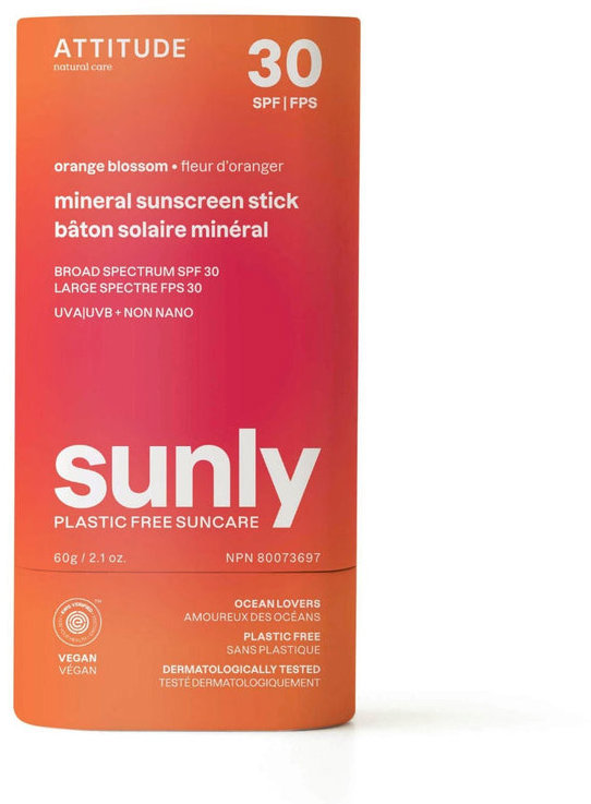 ATTITUDE Sunly 100 % minerálna ochranná tyčinka na celé telo SPF 30 s vôňou Orange Blossom, 60 g