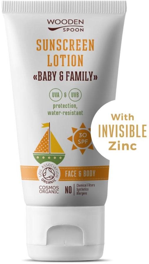 WoodenSpoon Opaľovacie telové mlieko v tube Baby & Family SPF 30, 150 ml
