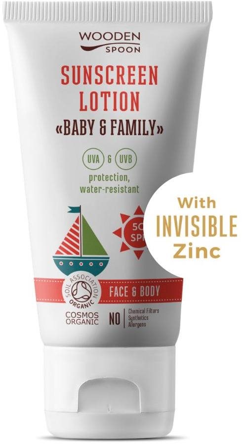 WoodenSpoon Opaľovacie telové mlieko v tube Baby & Family SPF 50, 150 ml
