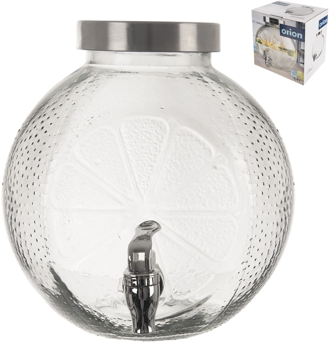 Orion Fľaša sklo/kov Citrus s kohútikom 5,4 l