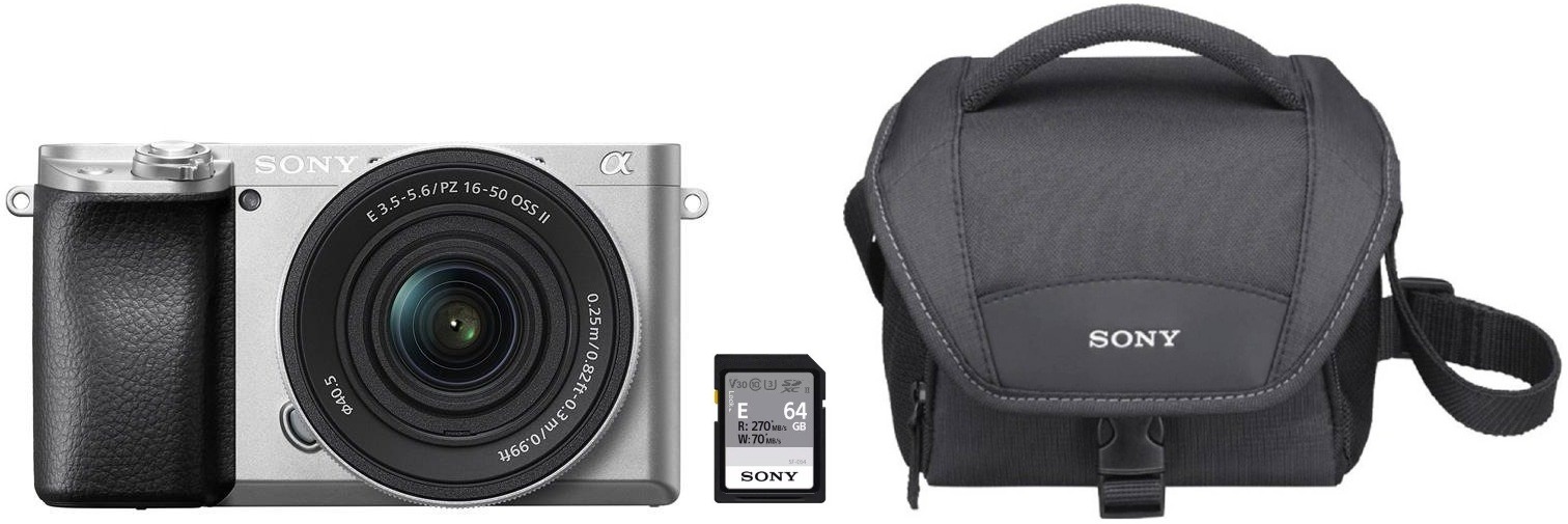 Sony Alpha A6100 strieborný + E PZ 16–50 mm f/3.5–5.6 II + SONY SF-E64A + Sony LCS-U11