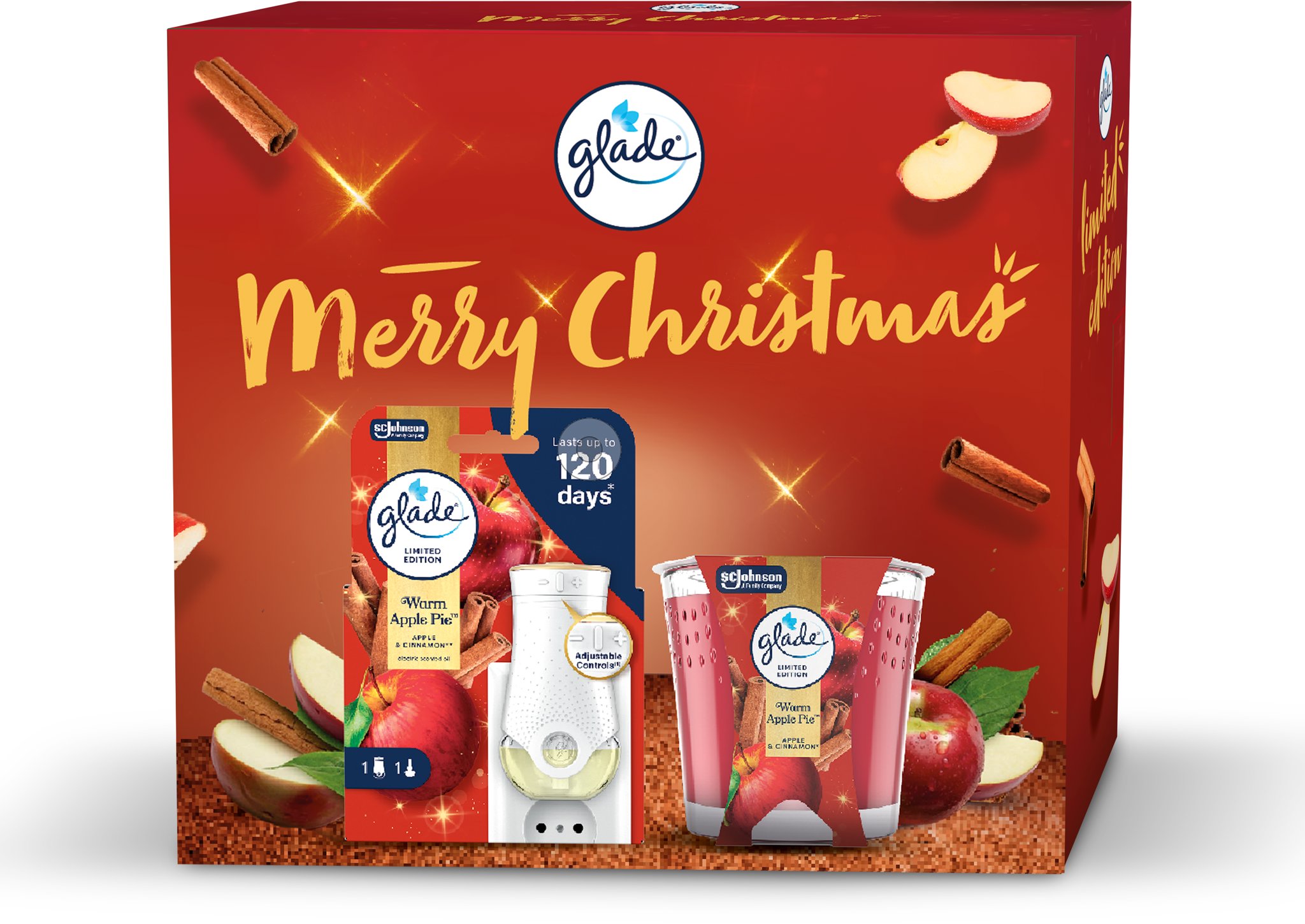 GLADE Vianočný balíček (Electric strojček s náplňou a sviečka Warm Apple Pie 112 g + 20 ml)