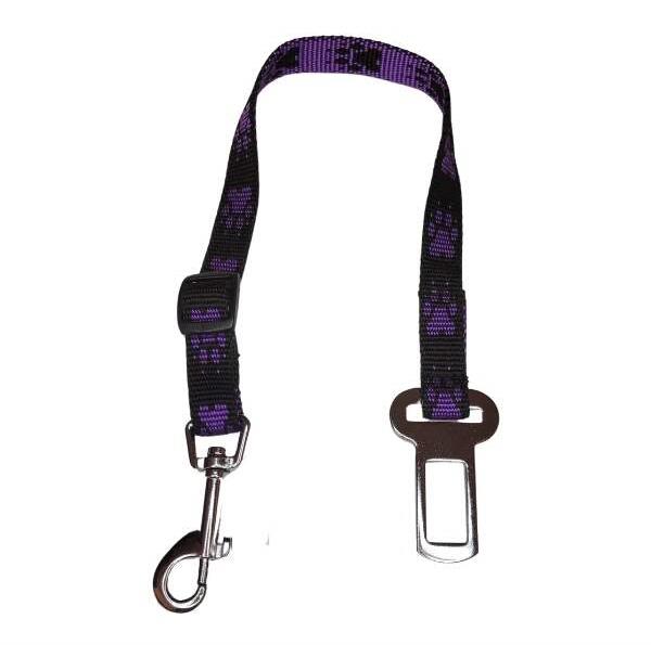 Palkar bezpečnostný pás do auta pre malé psy 50 cm × 16 mm, čierno-fialový s labkami