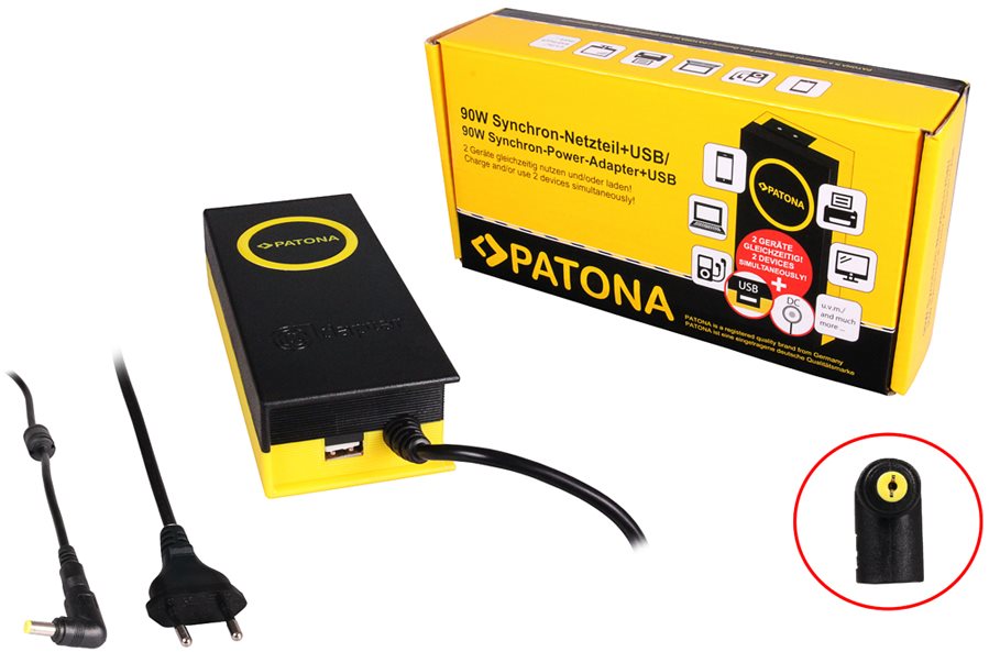 PATONA k ntb/ 19 V/4,7 A 90 W/konektor 5,5 × 1,7 mm/+ výstup USB