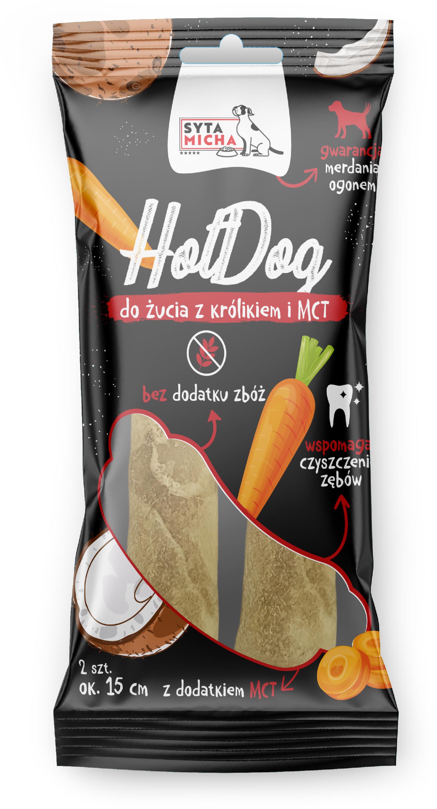 Syta micha Hotdog s králikom a MCT 15 cm – 2 ks