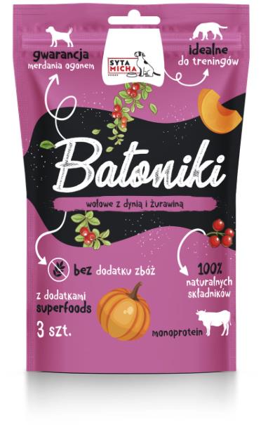 Syta micha – Hovädzie tyčinky pre psov s tekvicou a brusnicou