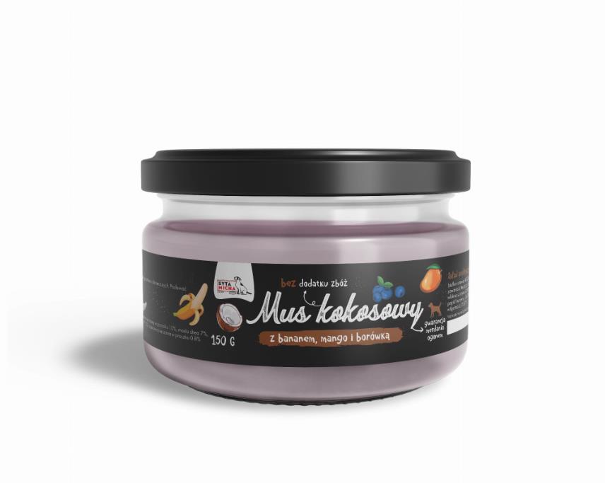 Syta micha – Kokosová pena pre psov s banánom, mangom a čučoriedkou