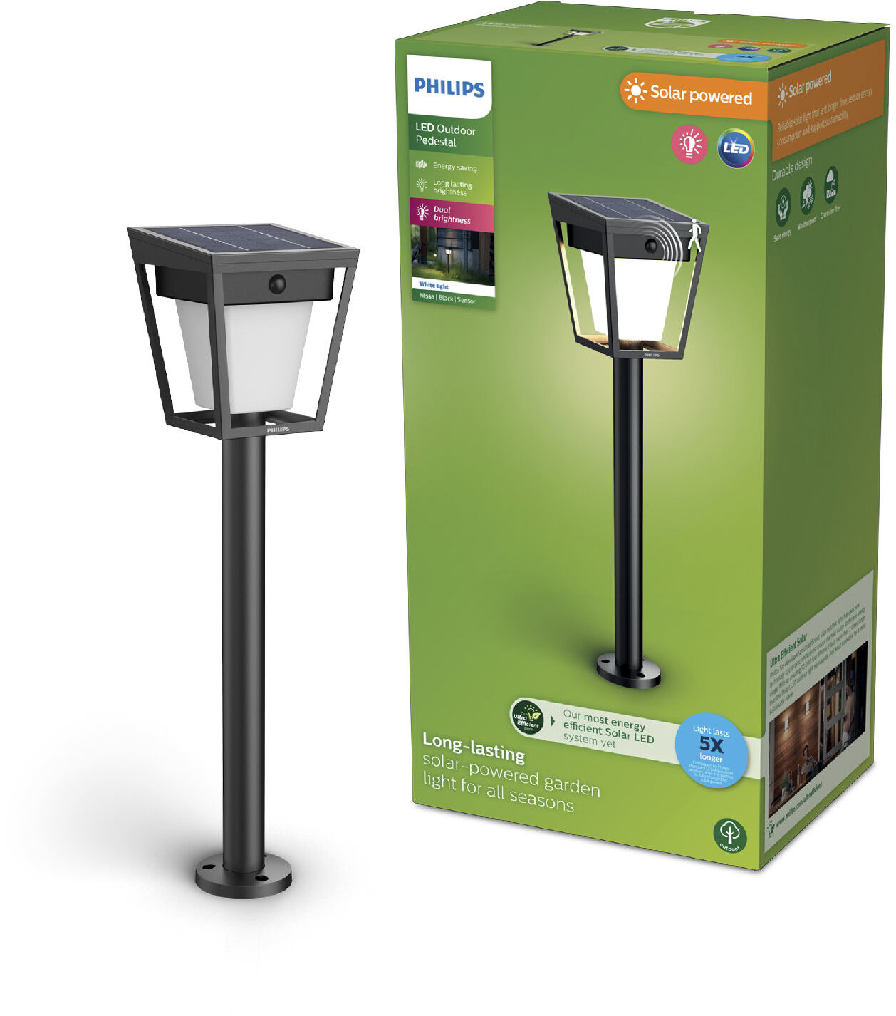Philips Nissa solárny LED stĺpik s pohybovým senzorom 1,8 W, 250/25 lm, 3000 K, IP44, čierny