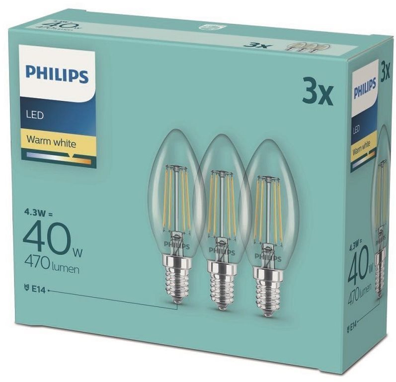 Philips LED classic 4,3 – 40 W, E14 2700 K, 3 ks