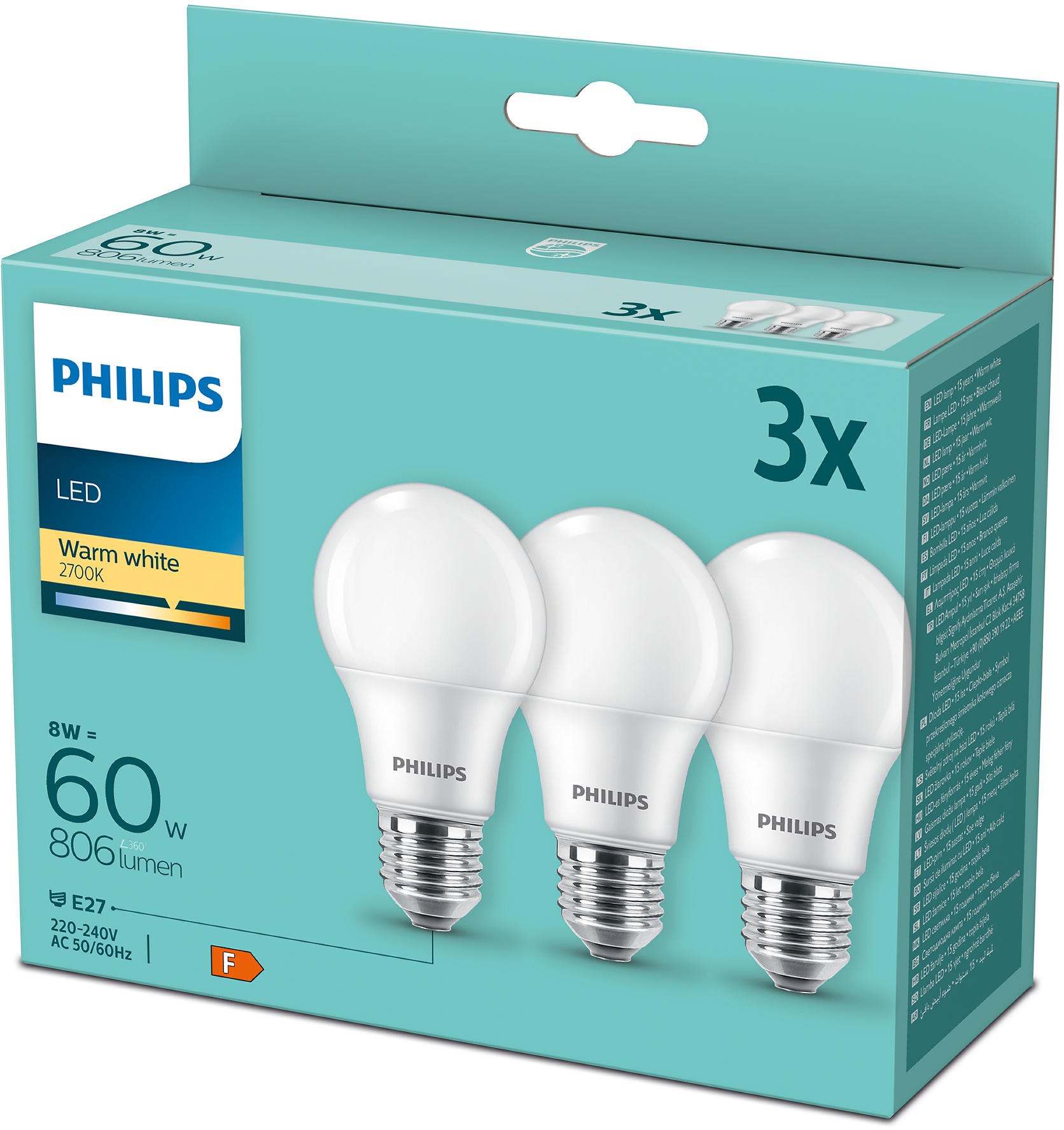 Philips LED 8-60W, E27, 2700K, 3 ks