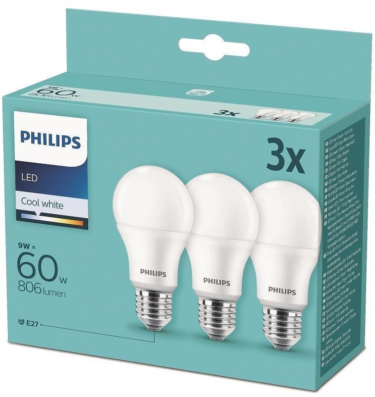 Philips LED 9 – 60 W, E27 4000 K, 3 ks