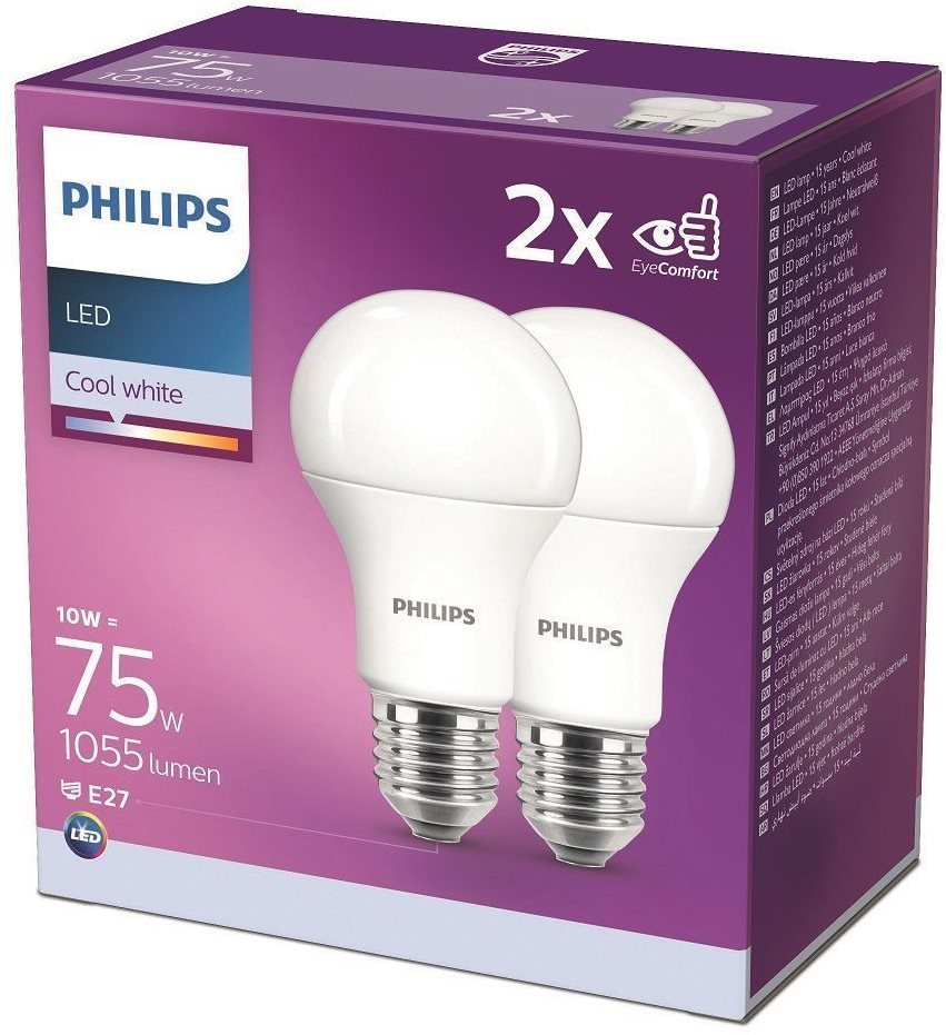 Philips LED 10 – 75W, E27 4000 K, 2 ks