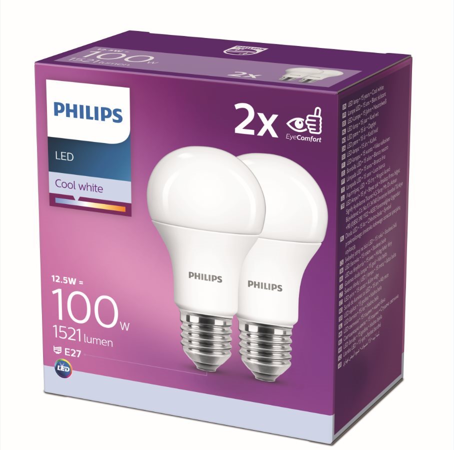 Philips LED 12,5 – 100W, E27 4000 K, 2 ks