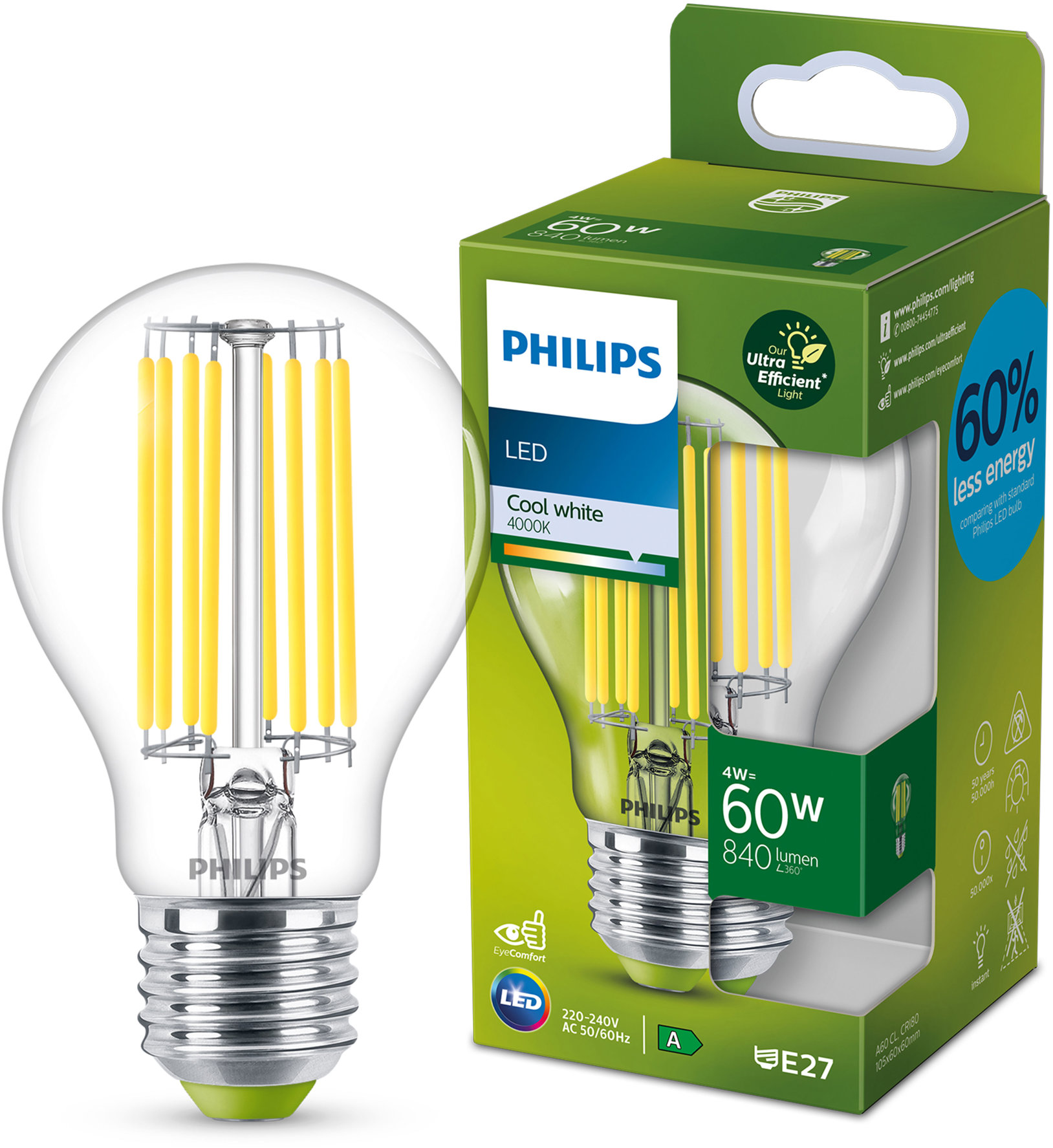 Philips LED 4 – 60 W, E27, 4000 K, A