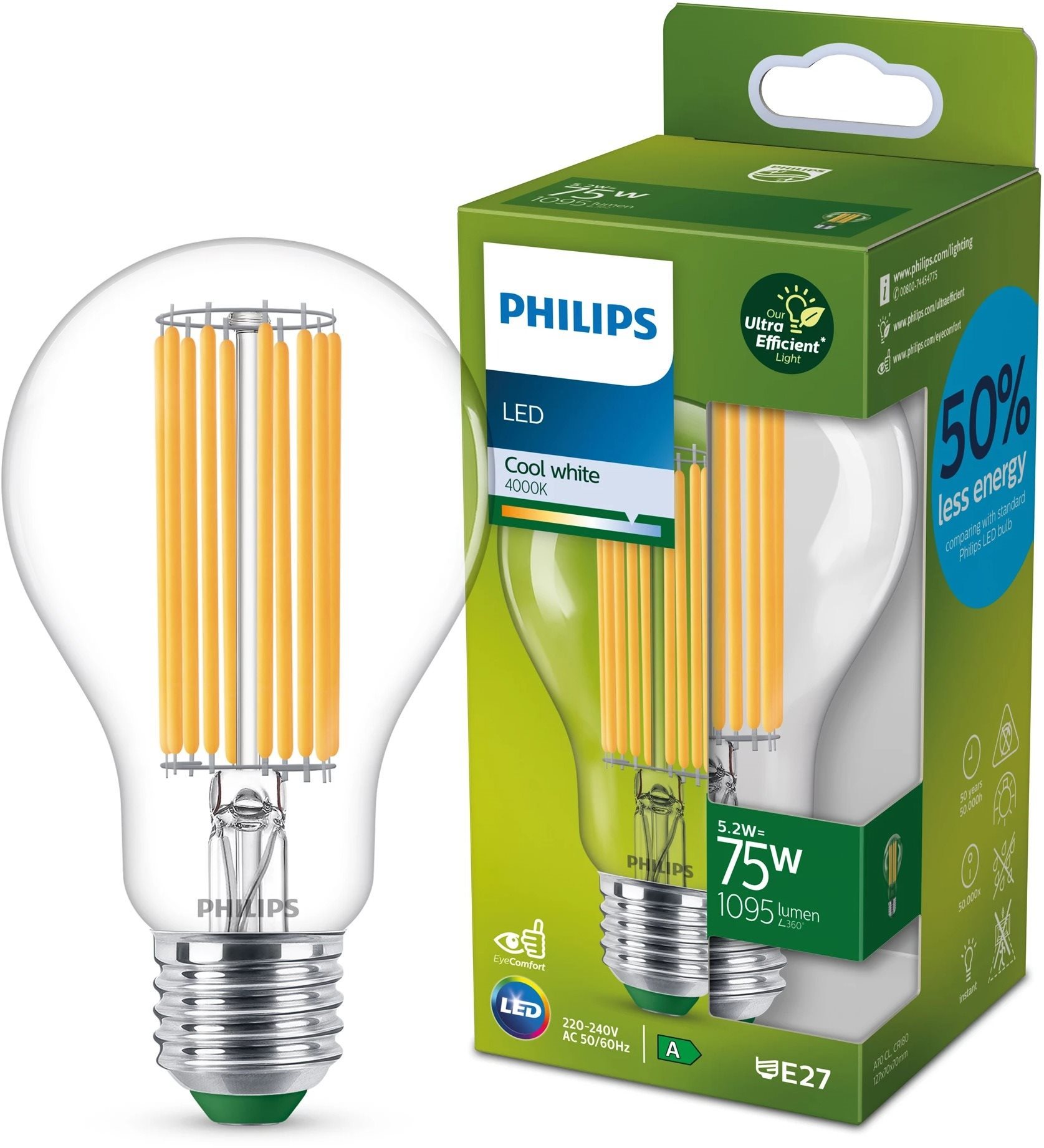 Philips LED 5,2 – 75 W, E27, 4000 K, A