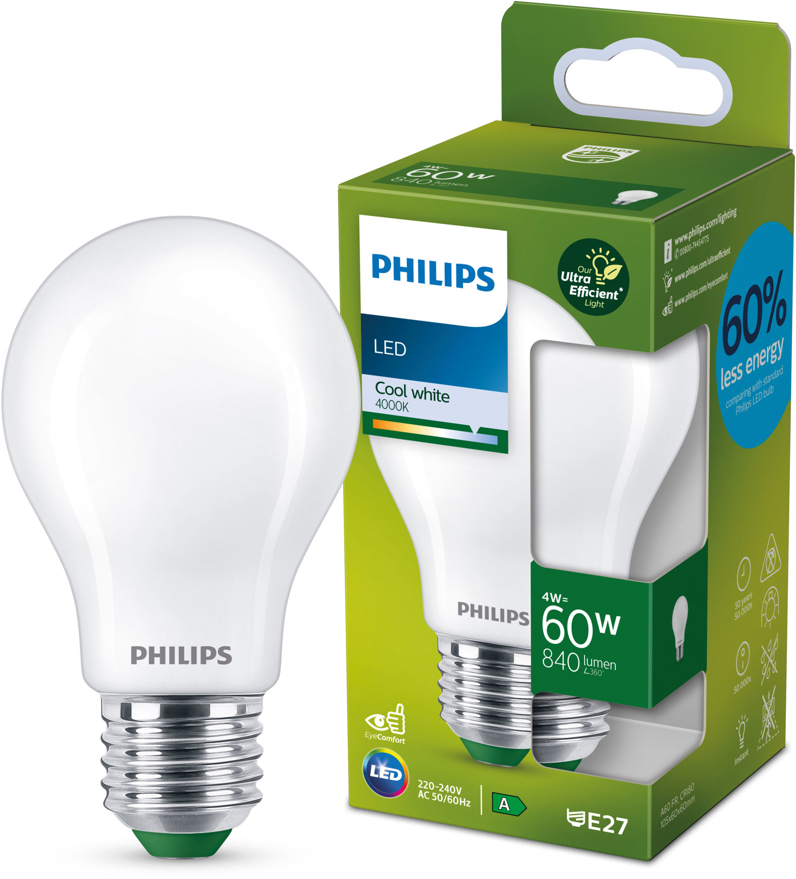 Philips LED 4 – 60 W, E27, 4000 K, mliečna, A
