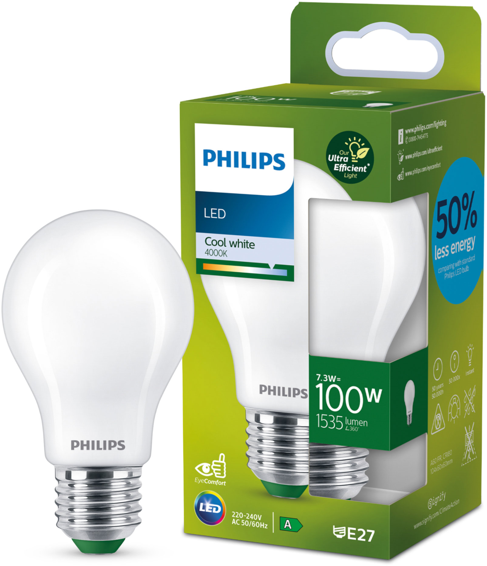 Philips LED 7,3 – 100 W, E27, 4000 K, mliečna, A