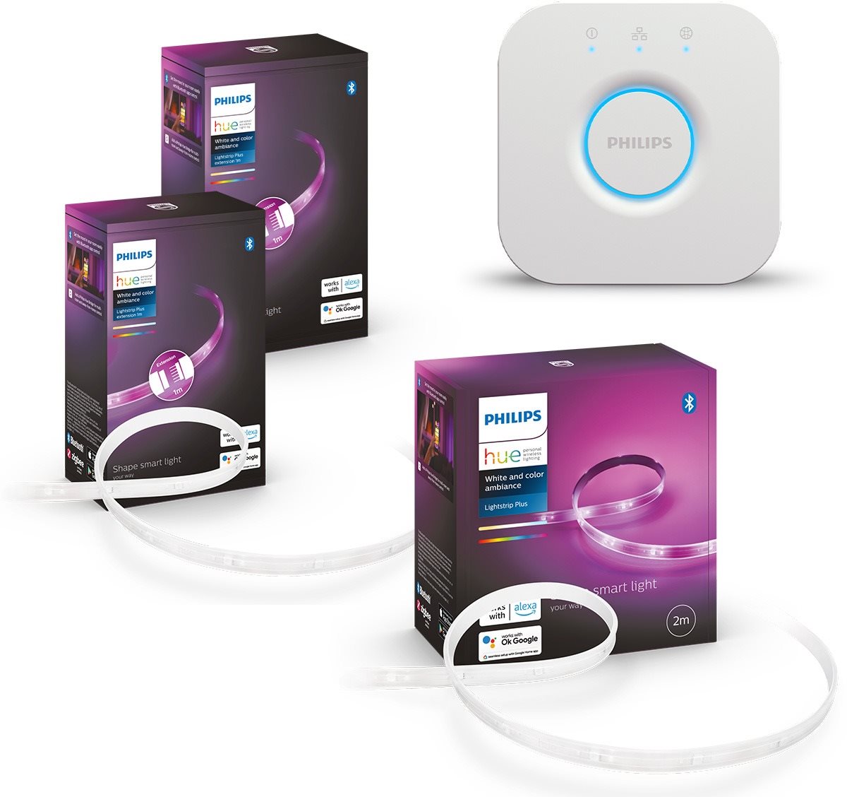 Hue Lightstrip Plus V4 EMEA 2m base kit + 2x Hue Lightstrip Plus V4 EMEA 1m ext + Philips HUE Bridge