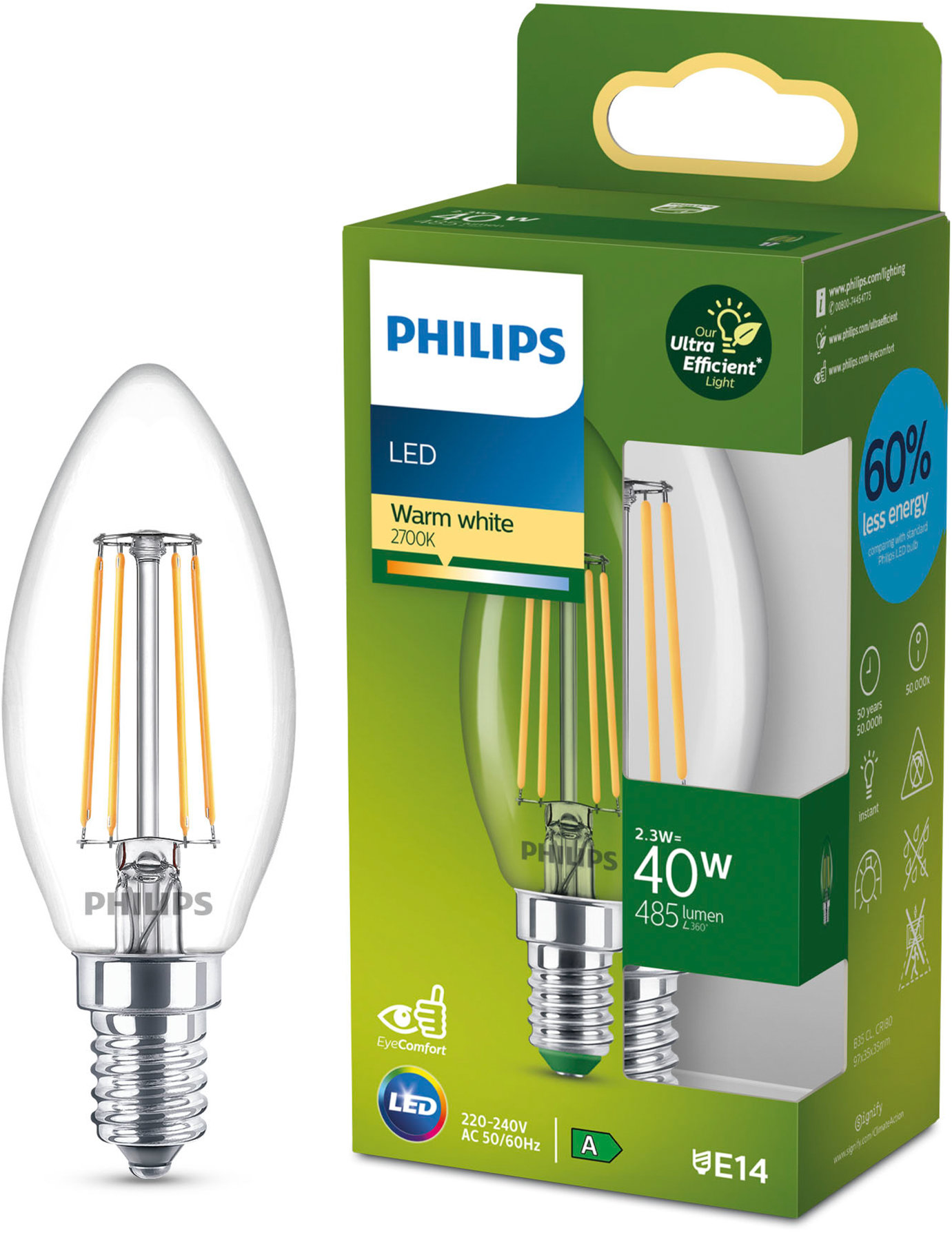 Philips LED 40W B35 E14 2700K CL UE SRT4