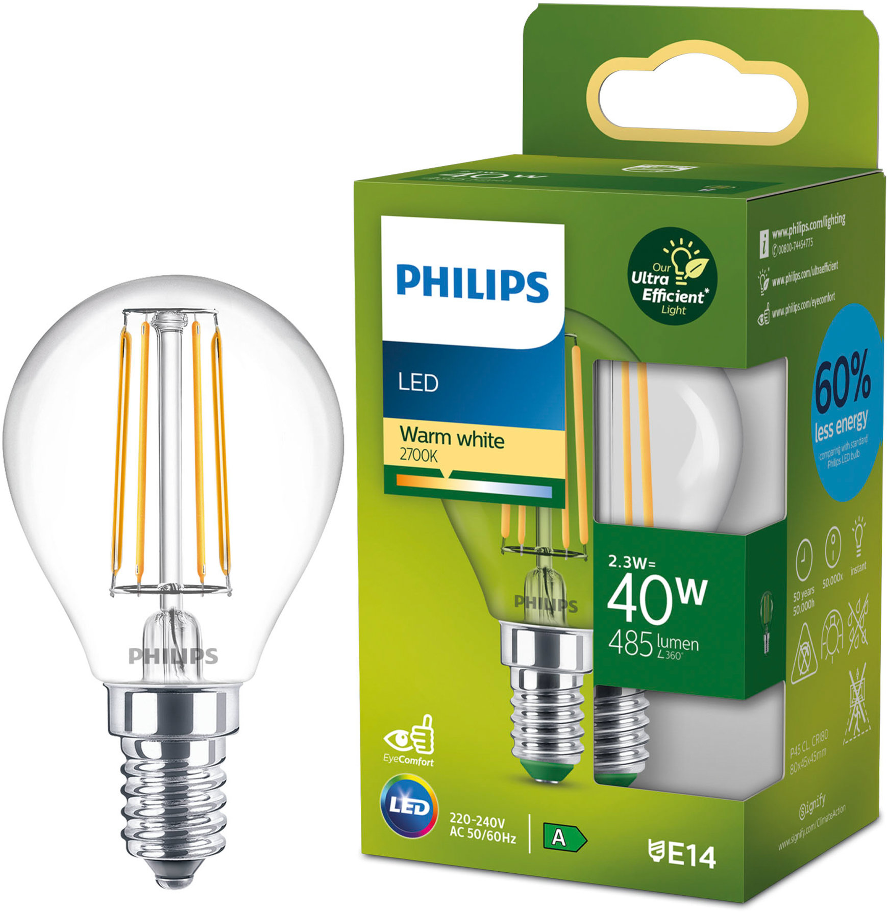 Philips LED 40W P45 E14 2700K CL UE SRT4