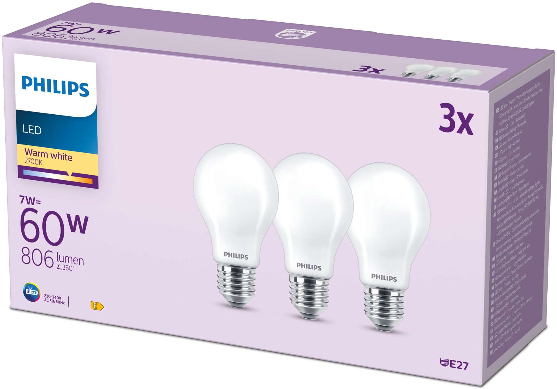 Philips Classic A60, E27, 60 W, teplá biela, 3 ks