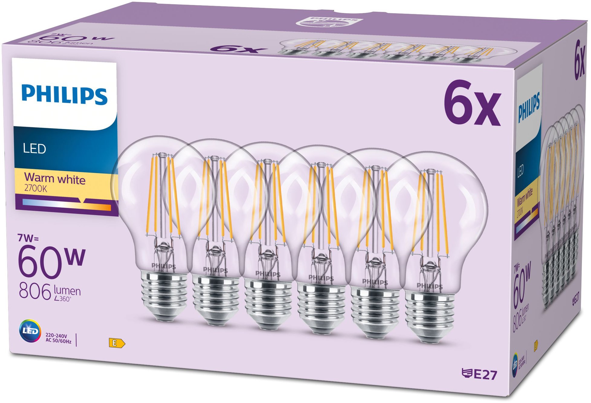 Philips Classic A60, E27, 60 W, teplá biela, 6 ks