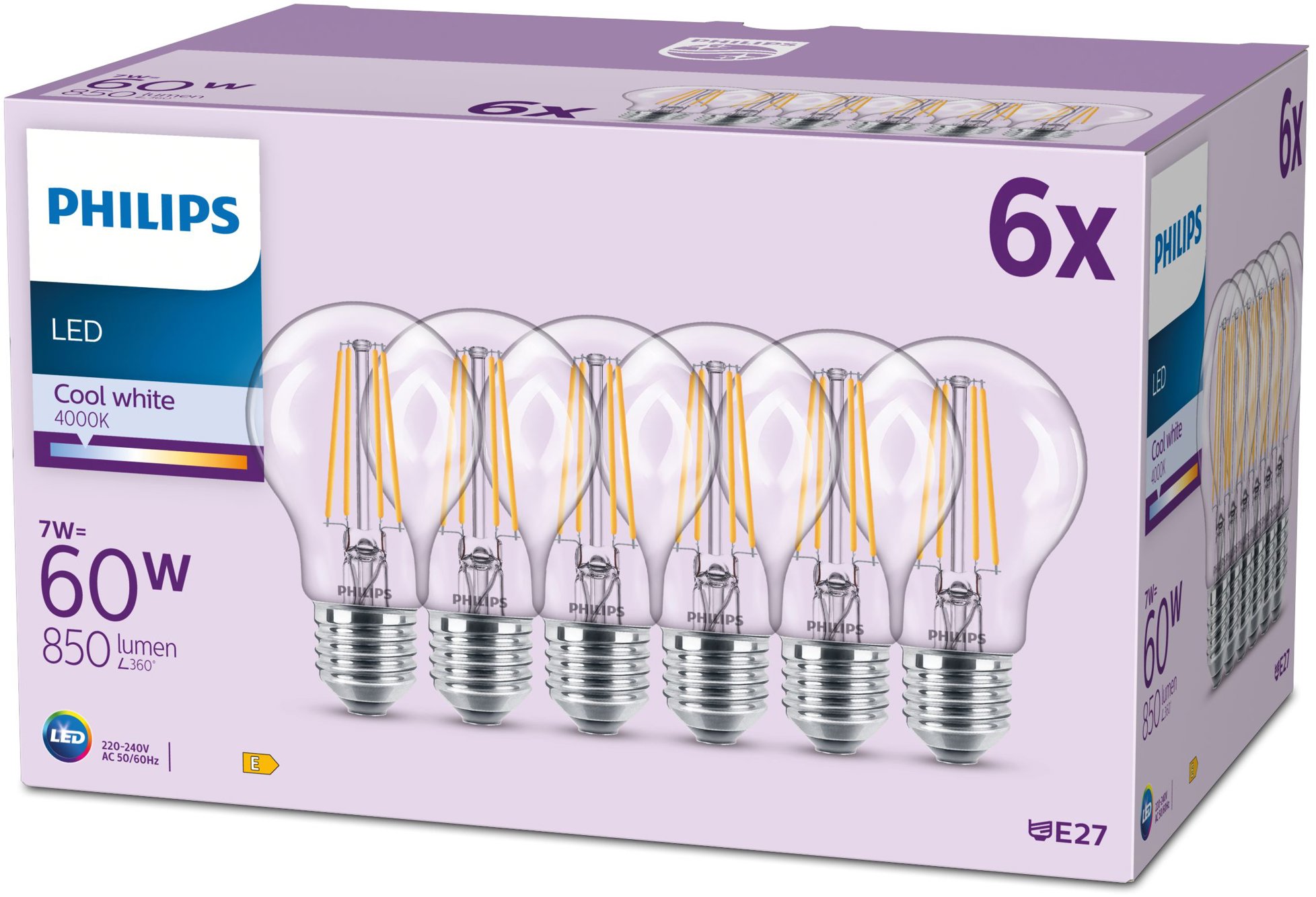 Philips Classic A60, E27, 60 W, studená biela, 6 ks