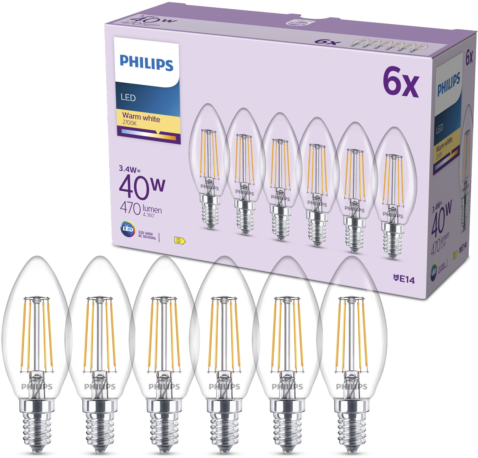 Philips Classic B35, E14, 40 W, teplá biela, 6 ks