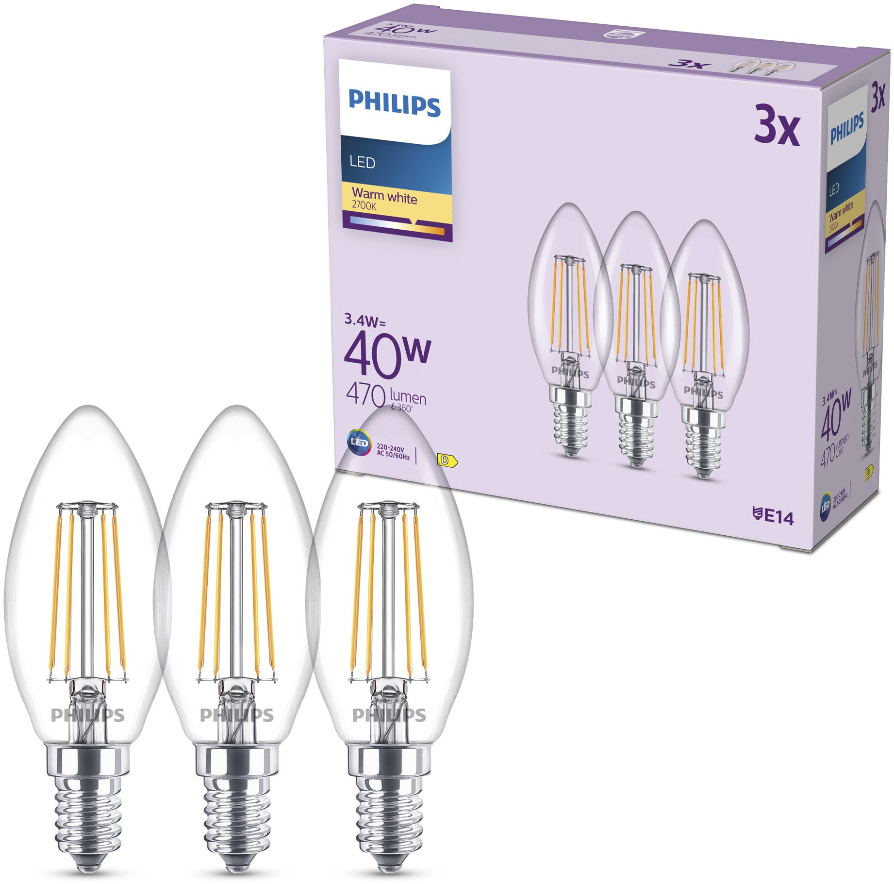 Philips Classic B35, E14, 40 W, teplá biela, 3 ks