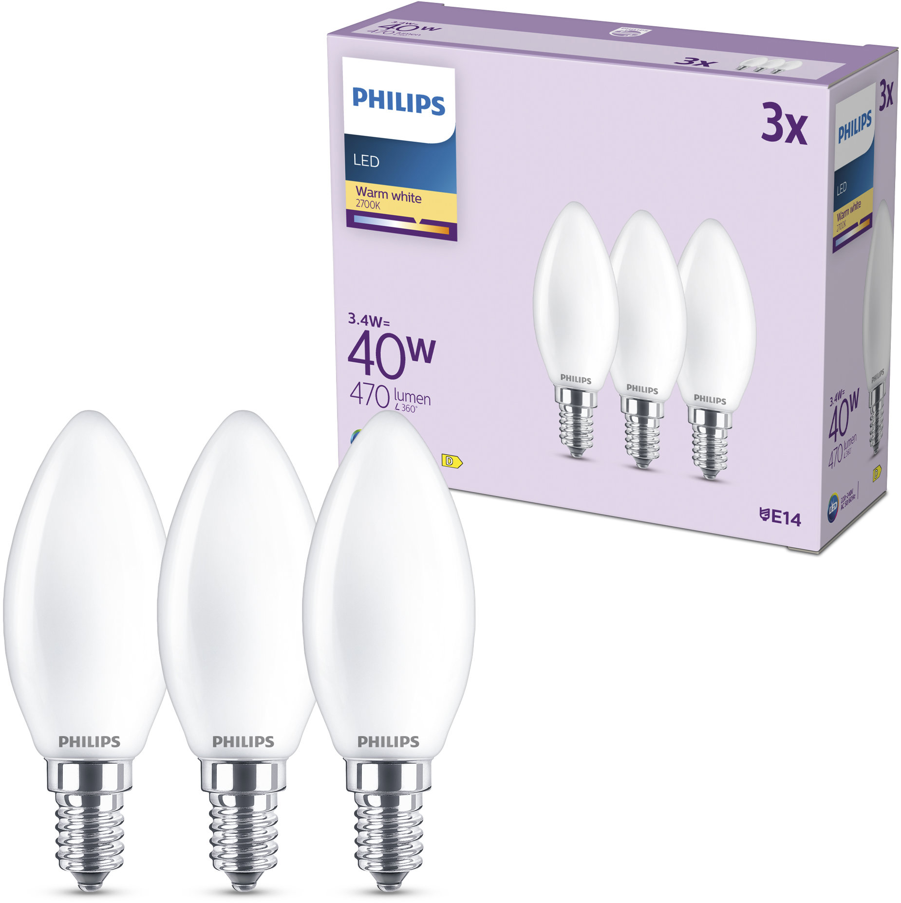 Philips Classic B35, E14, 40 W, teplá biela, mliečna, 3 ks
