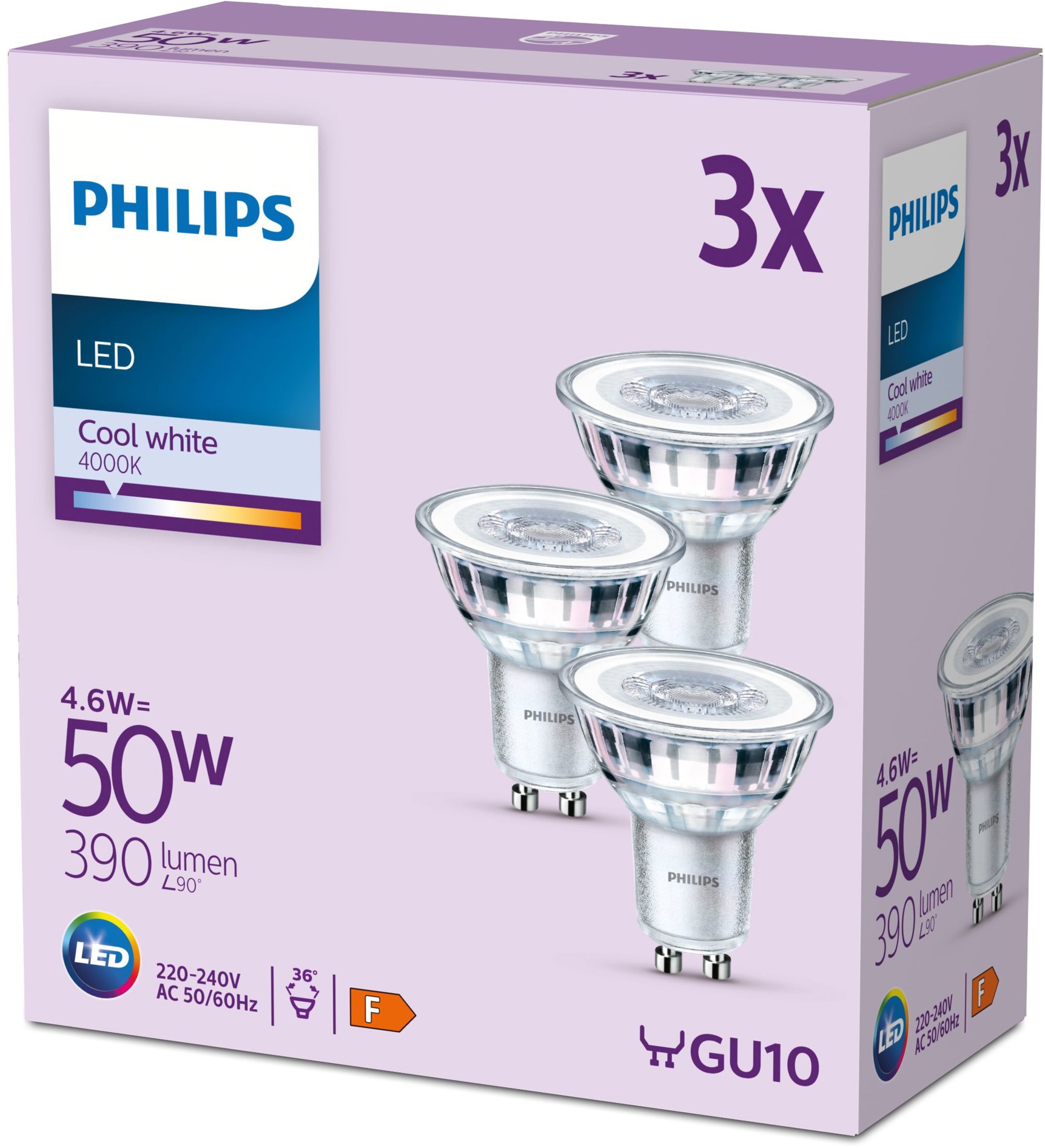 Philips Classic GU10, 50 W, studená biela, 3 ks