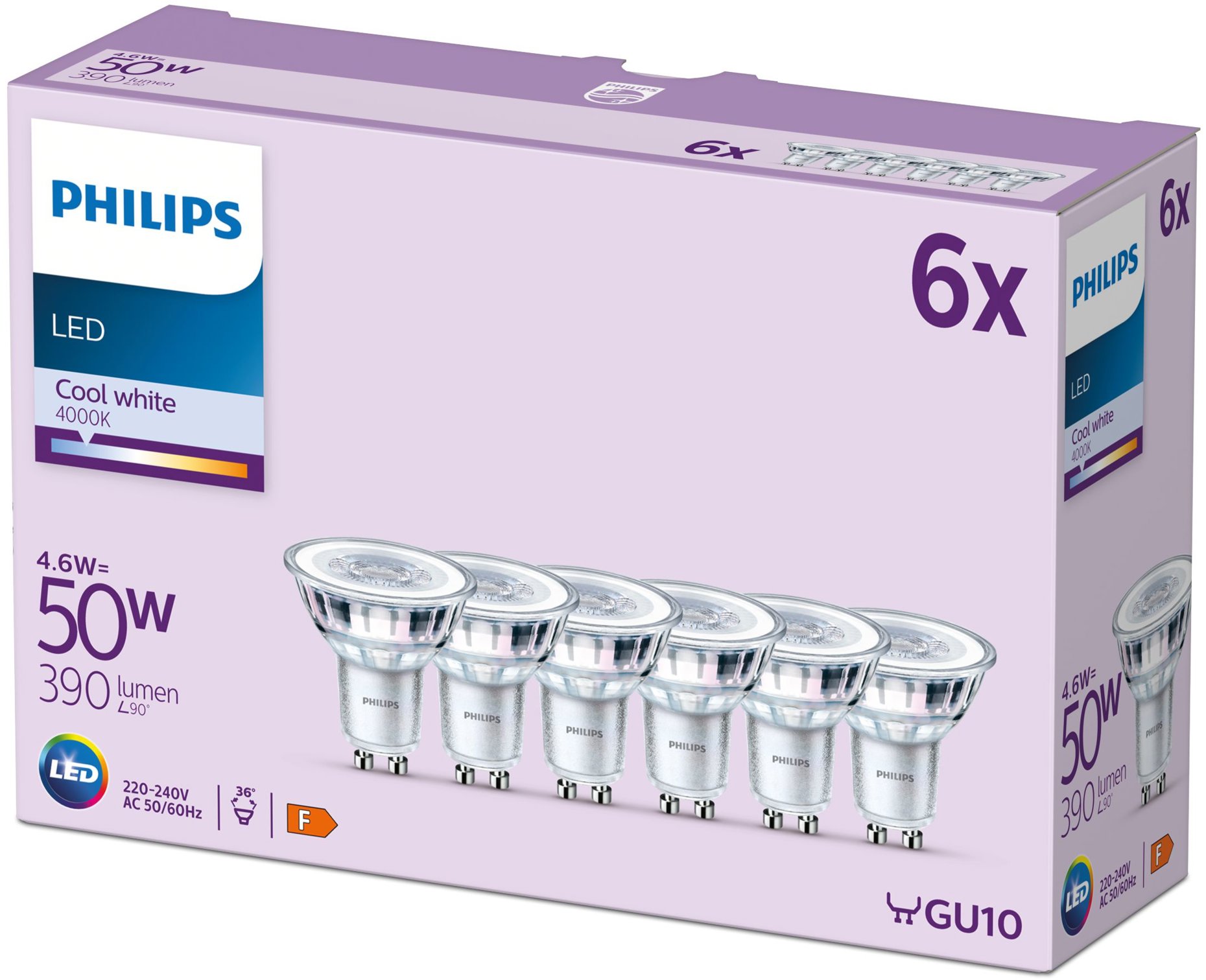 Philips Classic GU10, 50 W, studená biela, 6 ks